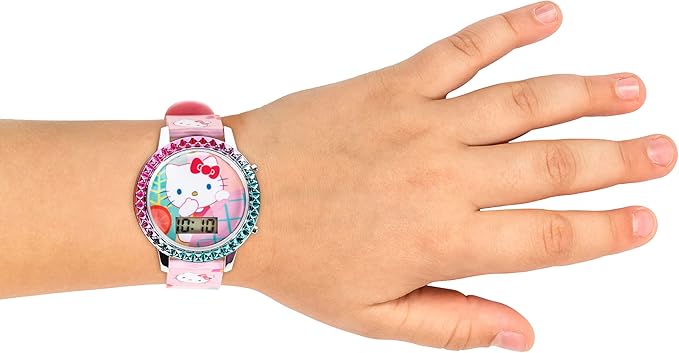 Hello Kitty Girls' Digital LCD Quartz Watch with Pink Strap and Colorful Bezel - Fun LED Light Show - Easy to Read Time for Kids
