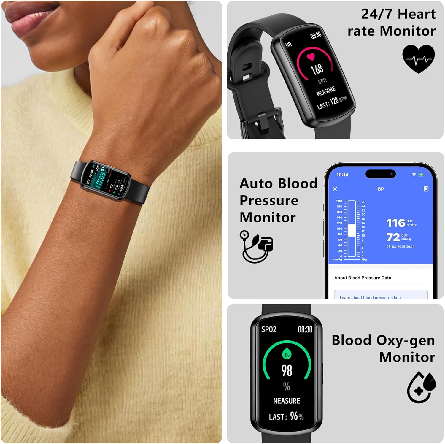 Health Fitness Tracker, Smart Watch with 24/7 Heart Rate, Activity Tracker with Blood Pressure and Blood Oxy-gen Monitor