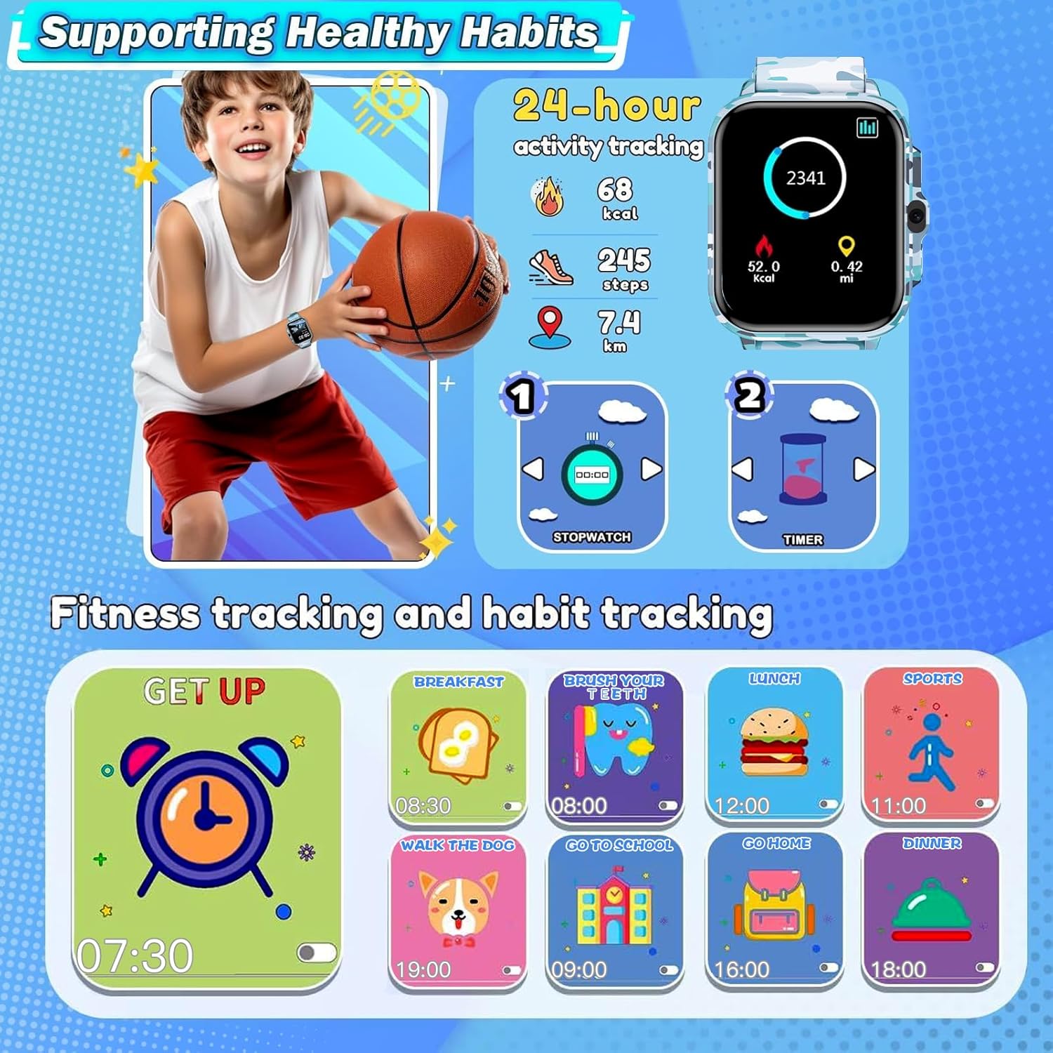 Smart Watch for Kids Boys Age 5-12, Ai Functions Games HD Touch Screen Watches with Video Camera Music Player Pedometer Heart Rate Sleep Tracker Christmas