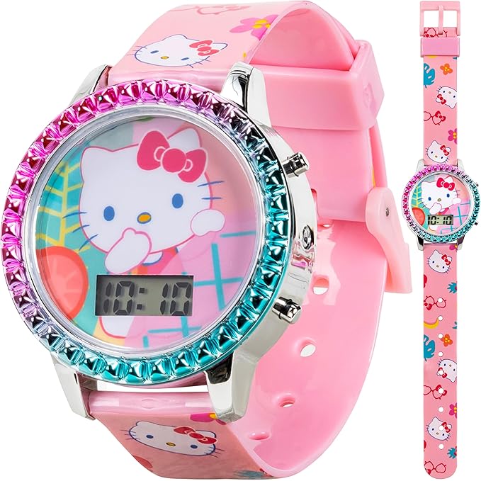 Hello Kitty Girls' Digital LCD Quartz Watch with Pink Strap and Colorful Bezel - Fun LED Light Show - Easy to Read Time for Kids